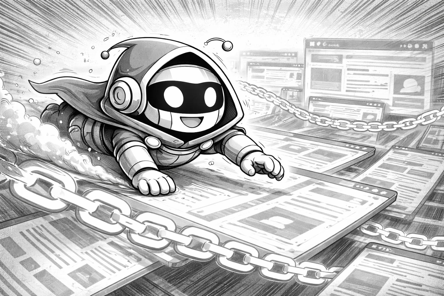 Manga-style AI crawler bot surfing through web pages